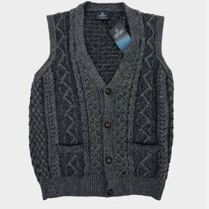 Aran Woollen Mills Ireland NWT Button Sweater Vest Pockets Gray Cable Knit